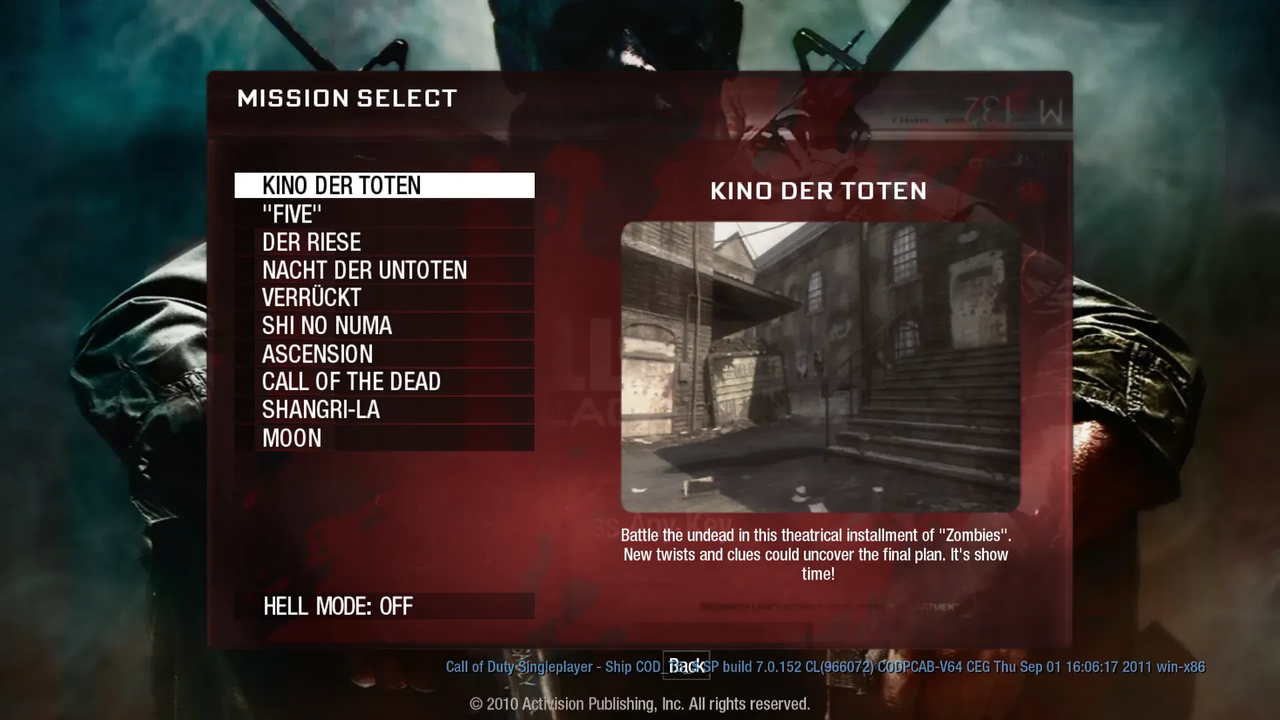 Original BO1 browser project map-selection screen with Kino der Toten selected